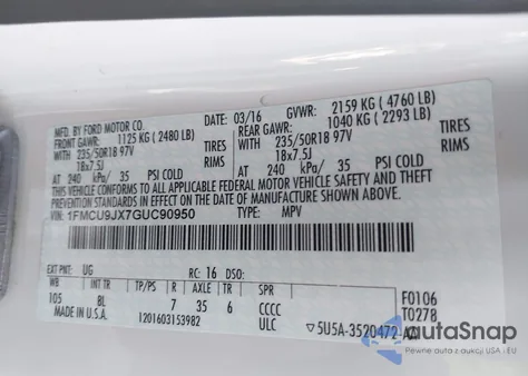 2016 Ford Escape Titanium from USA, damaged, VIN 1FMCU9JX7GUC90950